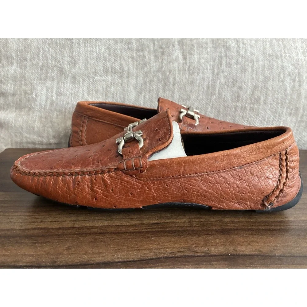 Boozie & Co Genuine Ostrich Quill Driving Moccasins Bit Loafer Cognac Tan Sz 8